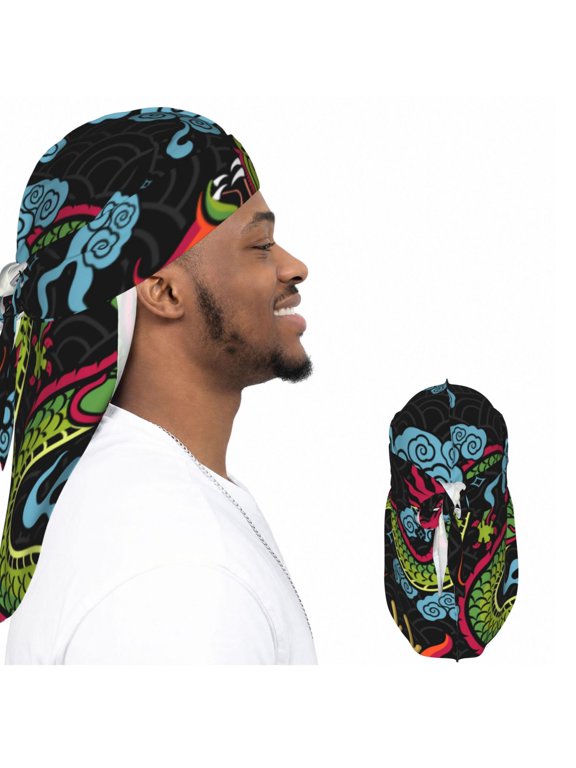 Satin Durag Long Tail Head Wrap, Silky Adjustable Hair Wrap Scarf, Dragon Asian Chinese Zodiac Print
