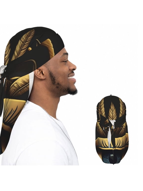 Satin Durag Long Tail Head Wrap, Silky Adjustable Hair Wrap Scarf, Egyptian Eyes Egypt Hieroglyphs Golden Vintage Print