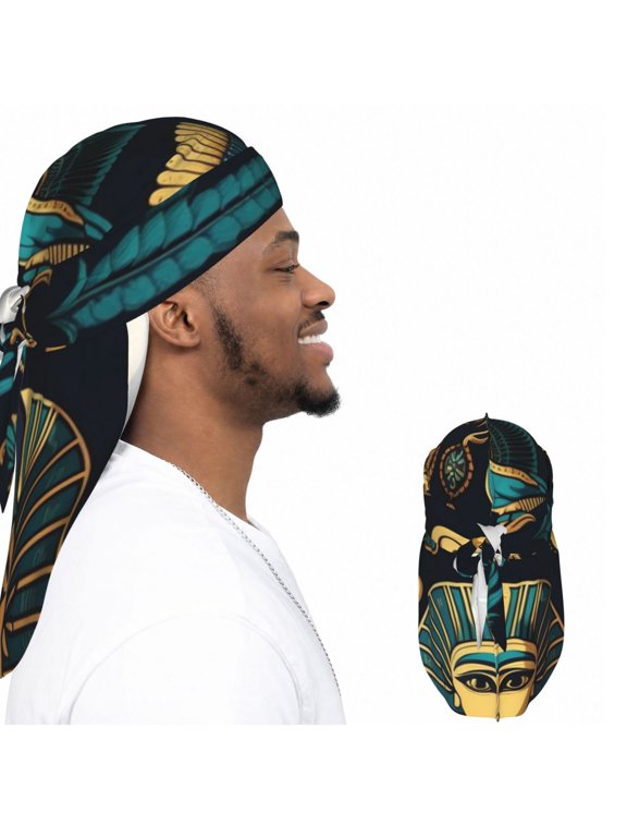 Satin Durag Long Tail Head Wrap, Silky Adjustable Hair Wrap Scarf, Egyptian Hieroglyphs Mascots Symbols Retro Print
