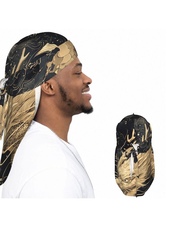Satin Durag Long Tail Head Wrap, Silky Adjustable Hair Wrap Scarf, Golden Chinese Dragon Vintage Art Print