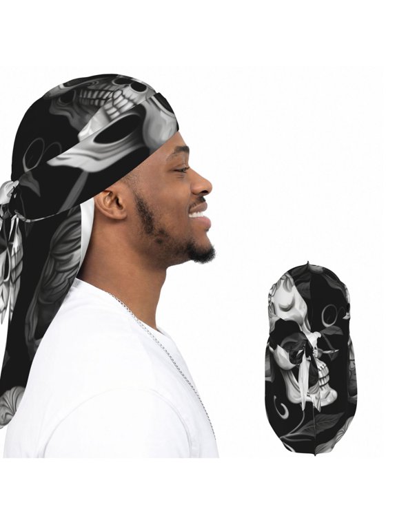 Satin Durag Long Tail Head Wrap, Silky Adjustable Hair Wrap Scarf, Gothic Skulls Head Black Skull Print