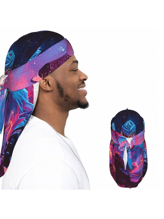 Satin Durag Long Tail Head Wrap, Silky Adjustable Hair Wrap Scarf, Hockey Players Hippie Neon Print