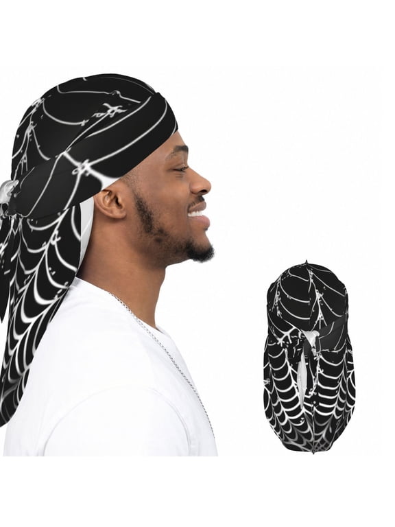 Satin Durag Long Tail Head Wrap, Silky Adjustable Hair Wrap Scarf, Spider Web Cool Seamless Black Print