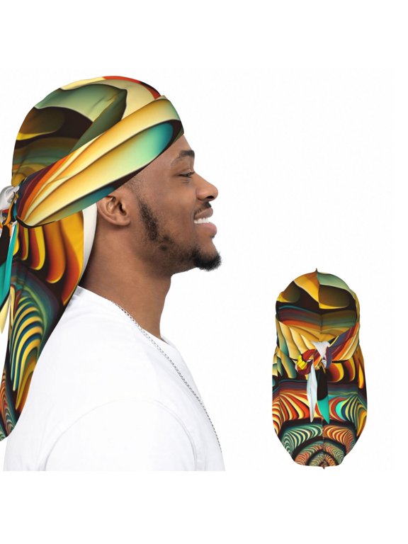 Satin Durag Long Tail Head Wrap, Silky Adjustable Hair Wrap Scarf, Spiral Trippy Illusion Optical Psychedelic Print