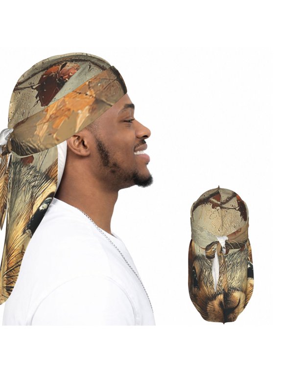 Satin Durag Long Tail Head Wrap, Silky Adjustable Hair Wrap Scarf, Squirrel Retro Print
