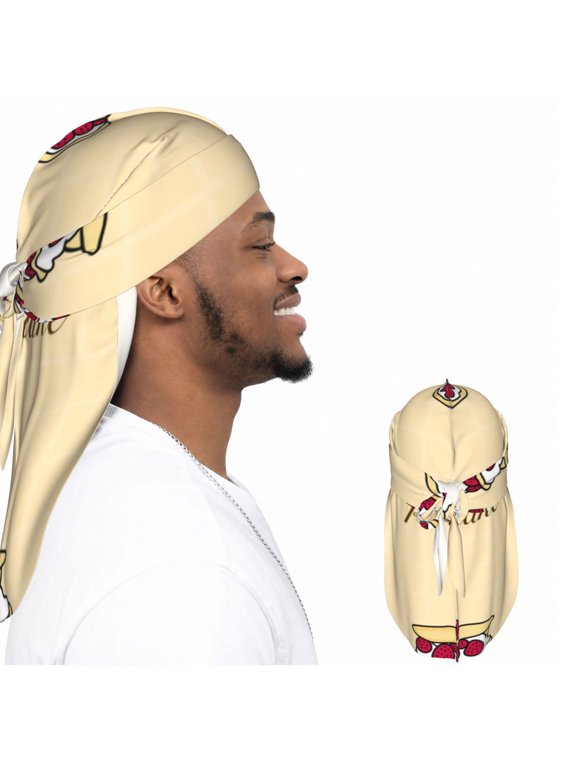 Satin Durag Long Tail Head Wrap, Silky Adjustable Hair Wrap Scarf, Strawberry Pancake Cartoon Print