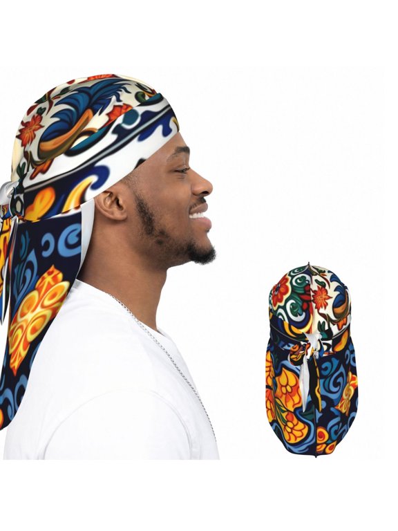Satin Durag Long Tail Head Wrap, Silky Adjustable Hair Wrap Scarf, Talavera Mexican Tiles Print