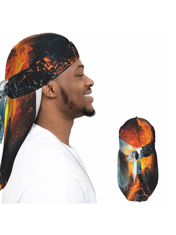Satin Durag Long Tail Head Wrap, Silky Adjustable Hair Wrap Scarf, Volcano Print Art Print