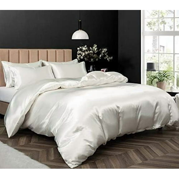 Satin Duvet Cover Twin, Luxury Silky Like Ivory White Duvet 68" x 90" - Zipper Closure & Corner Ties