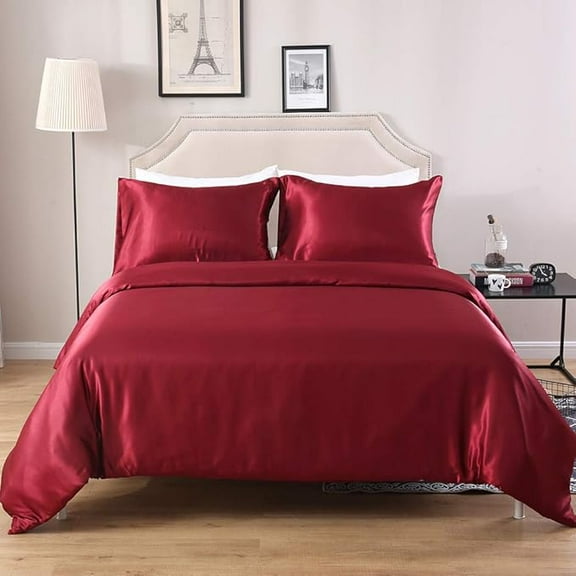 Satin Duvet Fitted Set, Ultra Soft Silky Satin 4 Pieces Duvet Cover Sets (1 Duvet Cover + 1 Fitted Sheet 15" Deep + 2 Pillow Shams),California King Size,Burgandy