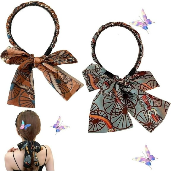 Satin Fabric Hair Bands, 2025 New Non-Slip Wigs Tied Hair Ribbon, Retro Satin Cross Knotted Fabric Headband, Adjustable Bow and Non-Slip Wig Tie Knot Hair Bands Blue+brown