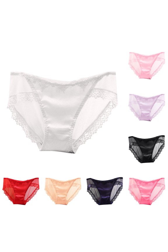 Satin Fashion Women's Mesh Transparent Lace Mid Low Waist Traceless Triangle Pants Cat Underwear M