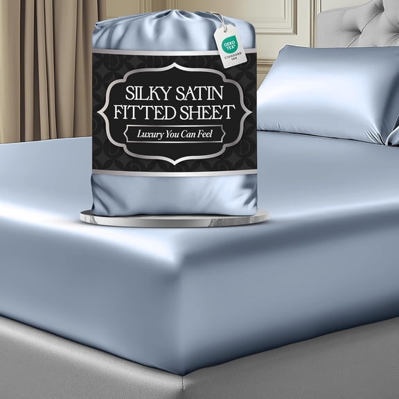 Satin Fitted Sheet King Size (1 PC)  Luxuriously Smooth & Softer Than Silk Bed Sheets w/ 15 Inch Deep Pocket Hypoallergenic Wrinkle Free, Secure Snug Fit, Elastic Corner Straps (Baby Blue)