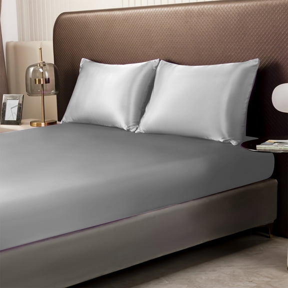 Satin Fitted Sheet, Luxury Soft Similar to Silk Bottom Bedsheet with Elastic Corner Straps, Deep Pocket up to 15 Inch, 1 Fitted Sheet (Gray)