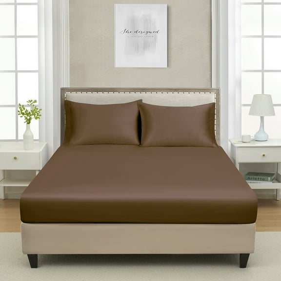 King Satin Fitted Sheet Brown - Silky Smooth Breathable Bottom Sheet, Hotel-Quality
