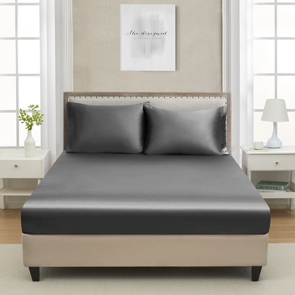 Queen Satin Fitted Sheet Grey - Luxury Silky Smooth Cooling Bottom Sheet, Fade-Resistant