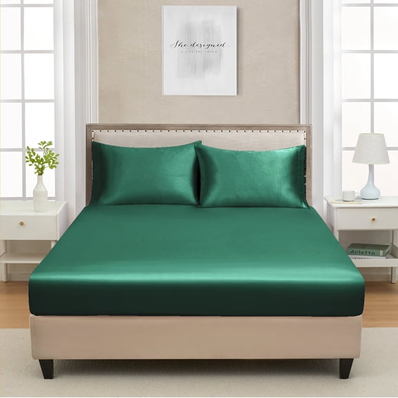 King Satin Fitted Sheet Dark Green - Silky Smooth Breathable Bottom Sheet, Hotel-Quality