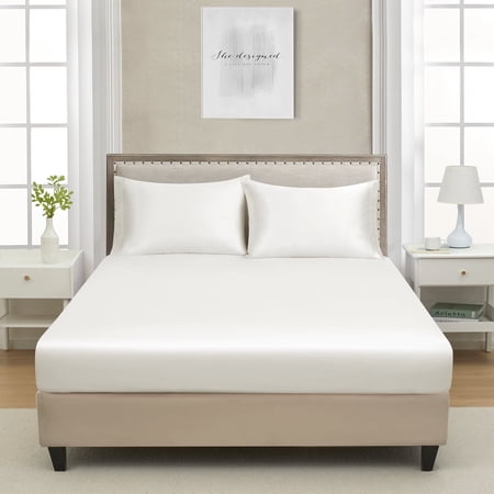 Twin Satin Fitted Sheet Ivory White - Silky Smooth Cooling Bed Bottom Sheet for Teens, Deep Pocket