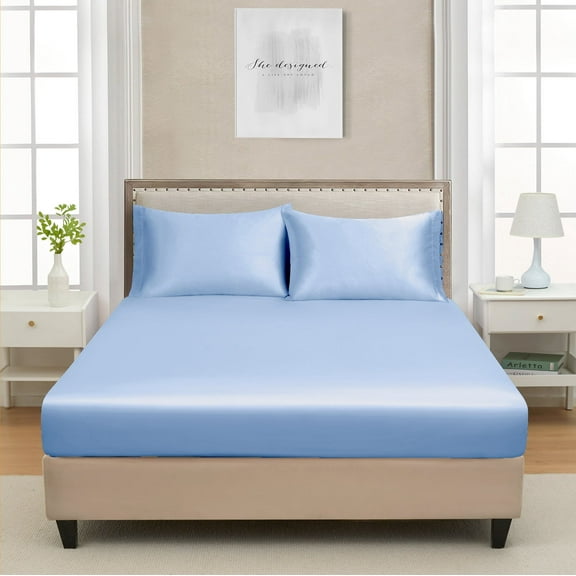 Twin Satin Fitted Sheet Light Blue - Silky Smooth Cooling Bed Bottom Sheet for Teens, Deep Pocket