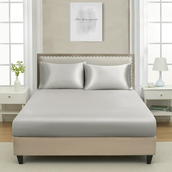 King Satin Fitted Sheet Light Grey - Silky Smooth Breathable Bottom Sheet, Hotel-Quality