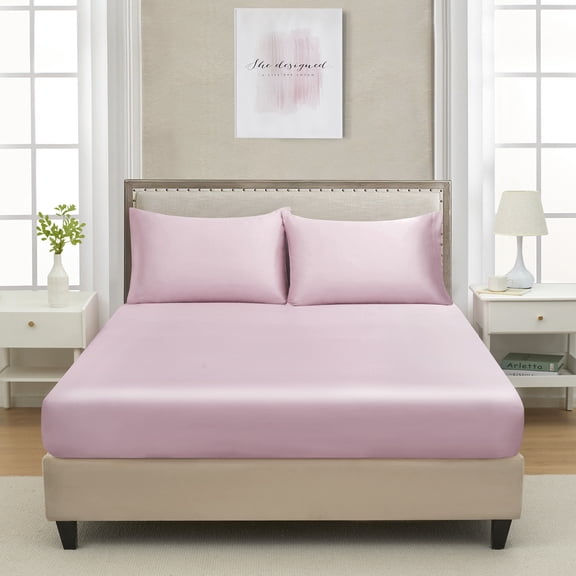 Full Satin Fitted Sheet Pink - Silky Smooth Cooling Bed Bottom Sheet, Wrinkle-Free