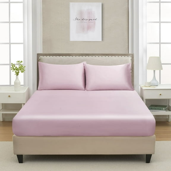 Twin Satin Fitted Sheet Pink - Silky Smooth Cooling Bed Bottom Sheet for Teens, Deep Pocket