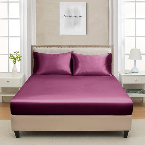 Twin Satin Fitted Sheet Purple - Silky Smooth Cooling Bed Bottom Sheet for Teens, Deep Pocket