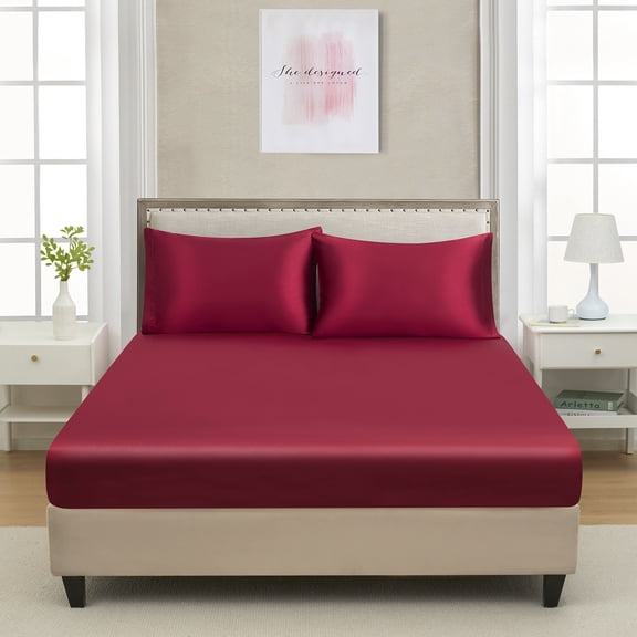 Twin Satin Fitted Sheet Burgundy - Silky Smooth Cooling Bed Bottom Sheet for Teens, Deep Pocket