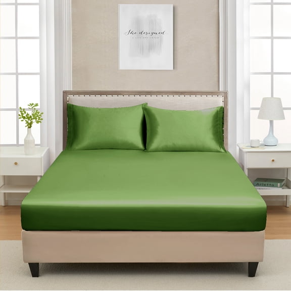 Queen Satin Fitted Sheet Sage - Luxury Silky Smooth Cooling Bottom Sheet, Fade-Resistant