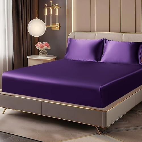 Satin Fitted Sheet and Pillowcases Set, Luxury Soft Similar to Silk Bottom Bedsheet with Elastic Corner Straps, Deep Pocket up to 15 Inch, 1 Fitted Sheet and 2 Pillowcases(Queen, Plum Purple)