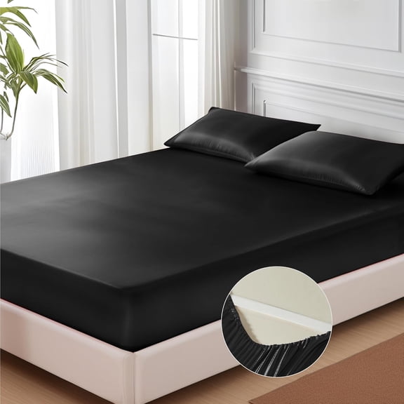 Satin Fitted Sheet, Silky Bottom Sheet with Elastic Corner Straps, Deep Pocket, No More Slipping Off (Black)