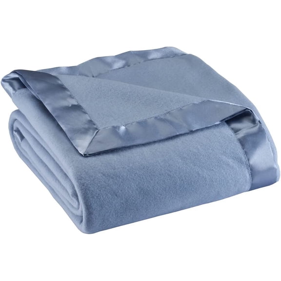 Satin Fleece Blanket, Full/Queen, Twin or King Size 100% Polyester Lightweight Fabric and Cozy Satin Binding Edges in Tightly Folding Travel Blanket, Blue