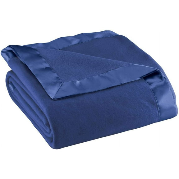 Satin Fleece Blanket, Full/Queen, Twin or King Size 100% Polyester Lightweight Fabric and Cozy Satin Binding Edges in Tightly Folding Travel Blanket, Navy Blue