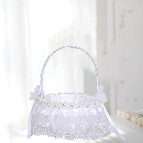 Satin Flower Basket Fariy Wedding Basket with Handle White Flower Girl Basket for Bridal Engagement Wedding Supplies Ceremony F