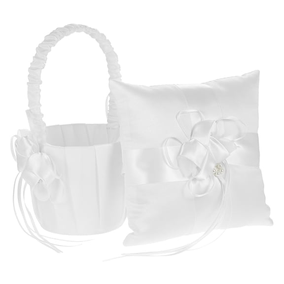 Satin Flower Bowknot Ring Bearer Pillow and Wedding Flower Girl Basket Set Perfect Wedding Supplies