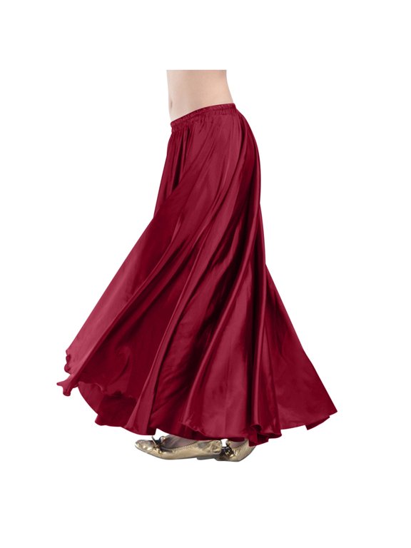 Satin Flowy Maxi Skirts Womens Silk Ruffle Flare Long Skirts Belly Dance Princess Party Outfits Wine, Free Size