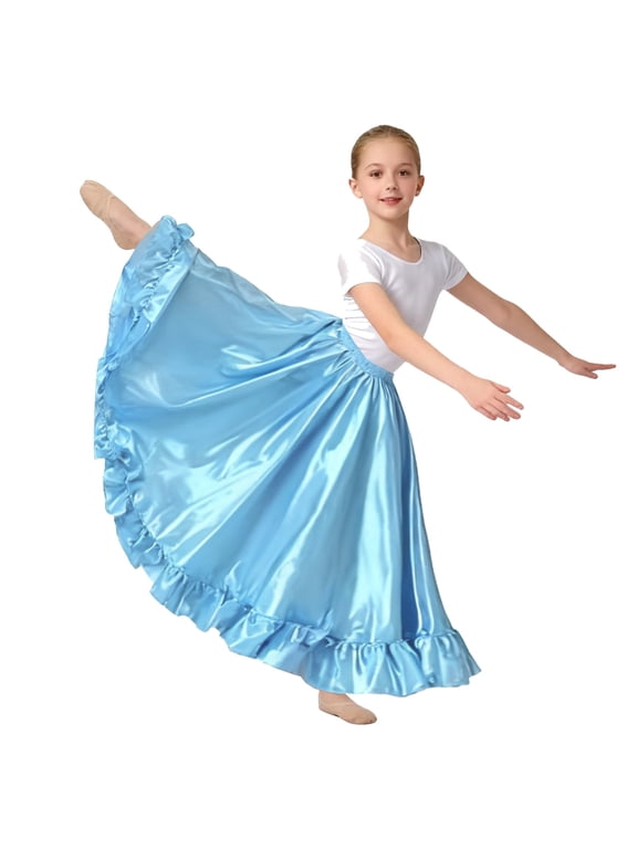 Satin Full Long Skirt for Circle Ruffle Skirt Satin Flowy Latin Belly Dance Umbrella Dress for Girls 8-12 Years