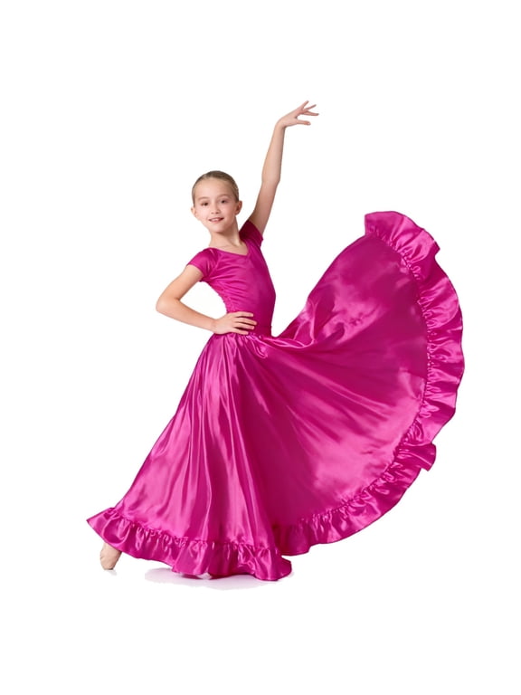 Satin Full Long Skirt for Circle Ruffle Skirt Satin Flowy Latin Belly Dance Umbrella Dress for Girls 8-12 Years
