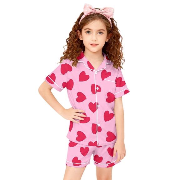 Satin Girls Pajama Set Valentine Pjs Short Sleeve Heart Button Down Nightwear Girls Pajamas Size 6-7 Years