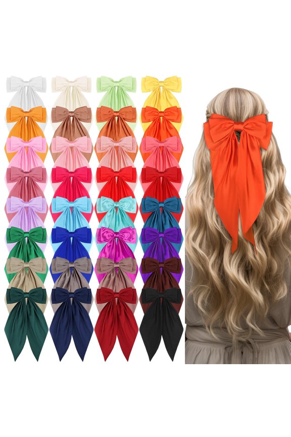 Satin Hair Bows Bulk Multiple Colors Large Ribbon Barrettes with Tails