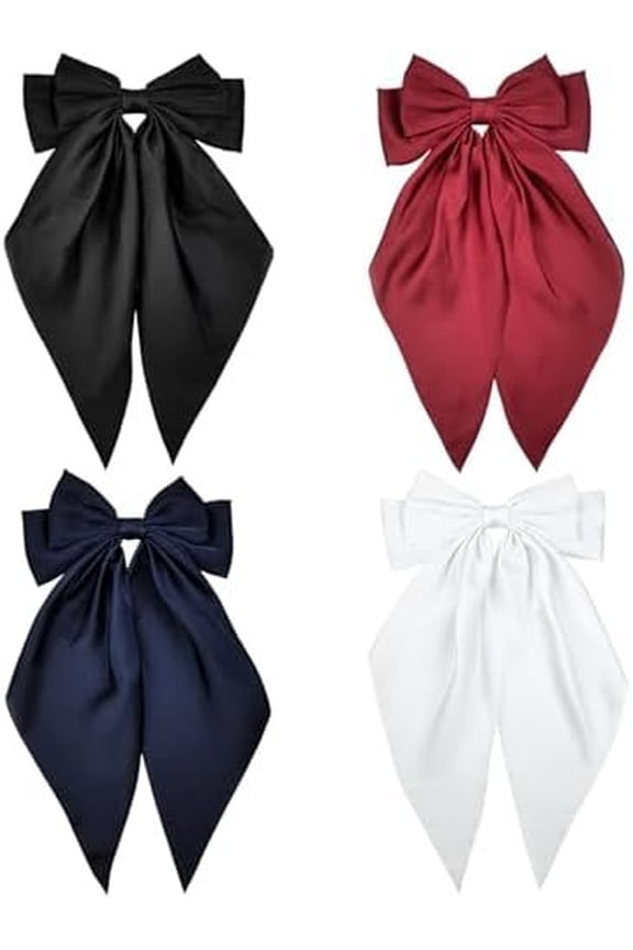 Satin Hair Bows Clips 4 count for Women - Long Tail Ribbon Bows, Classic Black Burgundy Navy White - Stylish Hair Accessories for Daily and Birthday Party