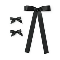 Satin Hair Bows Set of 3, 2 Mini Ribbon Bows and 1 Thick Ribbon Bow with Tails