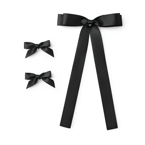 Satin Hair Bows Set of 3, 2 Mini Ribbon Bows and 1 Thick Ribbon Bow with Tails