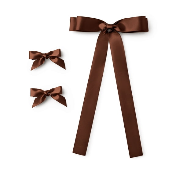 Satin Hair Bows Set of 3, 2 Mini Ribbon Bows and 1 Thick Ribbon Bow with Tails