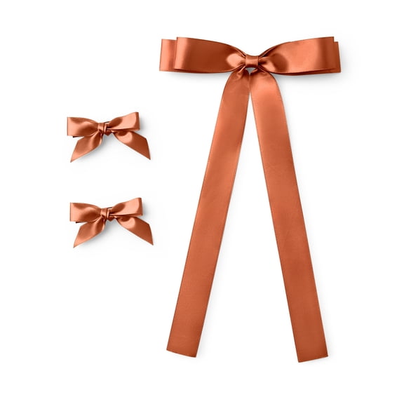 Satin Hair Bows Set of 3, 2 Mini Ribbon Bows and 1 Thick Ribbon Bow with Tails