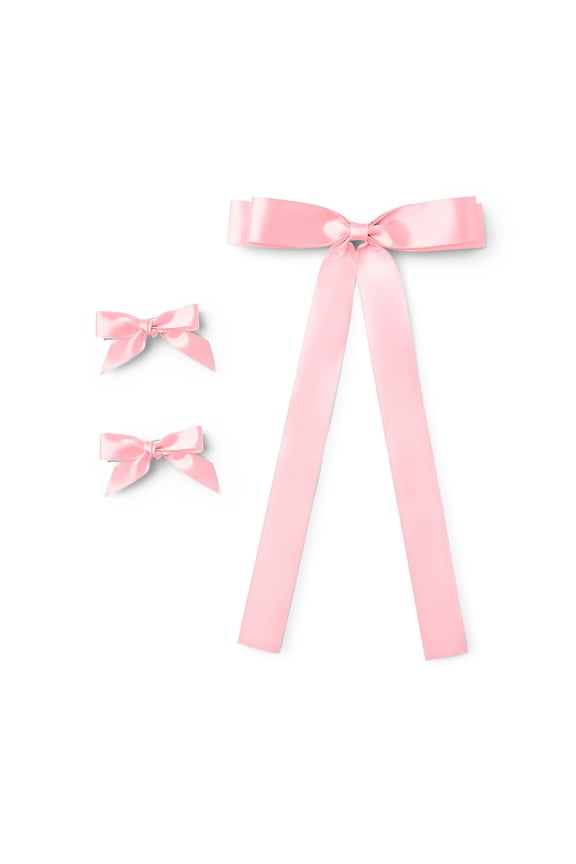Satin Hair Bows Set of 3, 2 Mini Ribbon Bows and 1 Thick Ribbon Bow with Tails