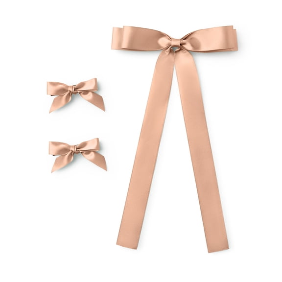 Satin Hair Bows Set of 3, 2 Mini Ribbon Bows and 1 Thick Ribbon Bow with Tails