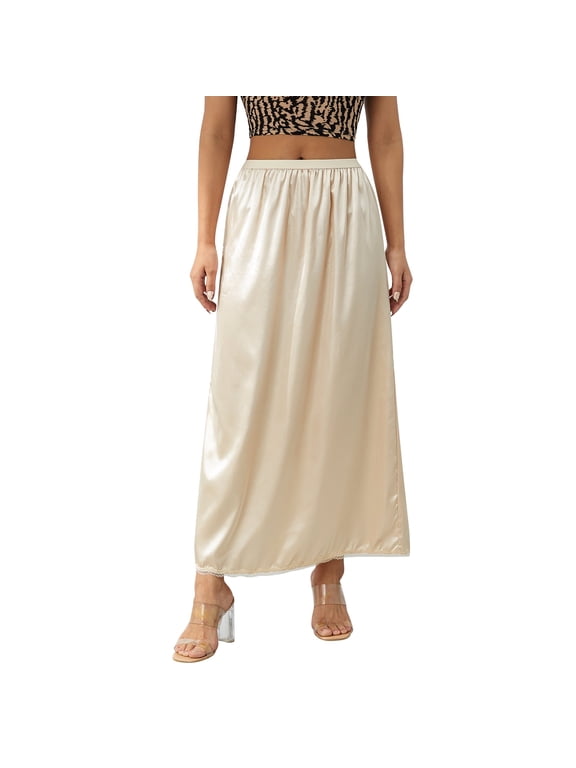Satin Half Slip for Women Under Dresses Plus Size Solid Color Long Underskirt Lace Trim Elastic Waist Maxi Slip Skirt