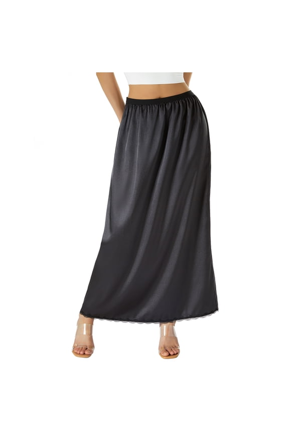 Satin Half Slip for Women Under Dresses Plus Size Solid Color Long Underskirt Lace Trim Elastic Waist Maxi Slip Skirt