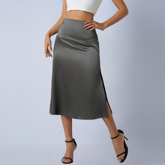 Satin High Waisted Midi Skirt with Side Slit for Women, Drapey Solid Color Elegant Skirt
